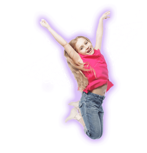 A girls with angel wings jumps for joy because she gets to play in one of Pump It Up's indoor bounce houses